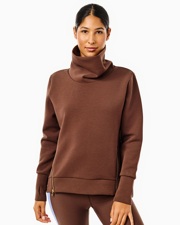 'On model product image of Polished Double Knit Zip Everyday Pullover in Chocolate'