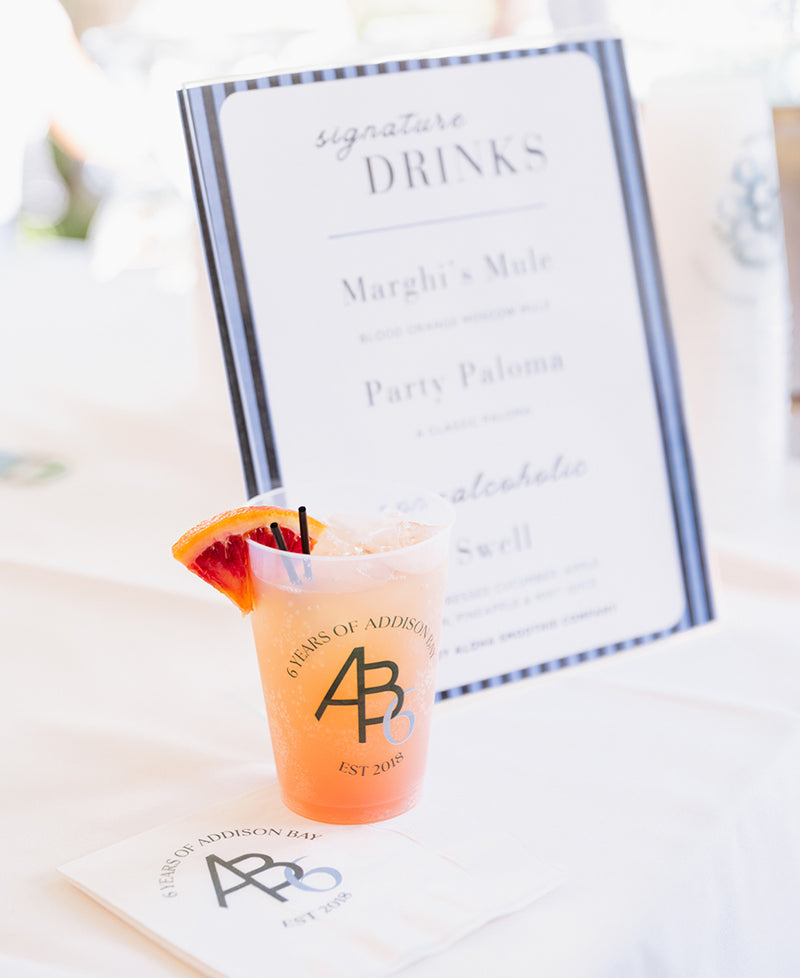Drink menu and 6th birthday cups at the Addison Bay Birthday Party