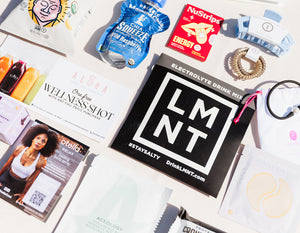 Picture of products from brands who sponsored the AB 6th Birthday Pary! Pictured is LMNT, Momma Chia, Teleties, NuStrips, Gresham Jewelry, Patchology, Aloha Smoothie Company, Latika, Aceology, Otella, Barebells, and Lesser Evil
