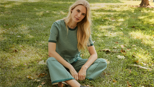 Model is wearing the lennon short sleeve in ivy gingham, paired with the lennon pants in ivy gingham. 