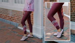 Model is wearing the spruce legging in lacquer/super white/rose/bubblegum, paired with the everyday pullover in super white/rose stripe. 