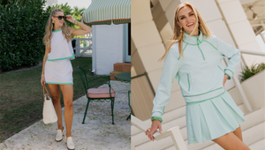 Model on the left is wearing the Sleeveless Lennon Top in super white/palm paired with the Lennon Skort in super white/palm. Model on the right is wearing racquet skort in Super White/Sage Stripe paired with bainbridge quarter zip in Super White/Sage Stripe