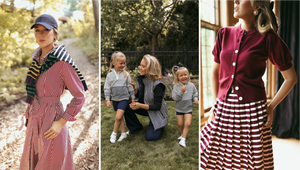 Image Left: Mary Orton is wearing the Coco Dress in Burgundy/ Ivory Stripe with the Varsity Quarter Zip over her shoulders. Photo Center:Mary Orton is wearing the Lauren Vest in Navy/ Ivory stripe with the Nico Pants in Navy. The kids to her left and right are wearing the Eddie Quarter Zip in Ivory/ Navy Stripe. Photo Right: Mary Orton is wearing the Gigi Cardigan in Burgundy with the Liza Skirt in Burgundy/ Ivory Stripe.