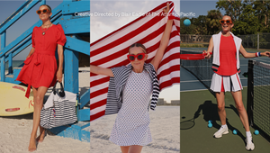 Model Left is wearing the Galley Dress in Poppy. Model Center is wearing the Panama Dress in Americana Seaside Floral with the Lightweight Delancey Dress in Super White/Navy Double Stripe around her shoulders. Model Right is wearing the Everyday Tank in Poppy and the Liberty Skort in Super White/Americana with the  Lightweight Easy Rugby in Super White/Navy/Poppy around her shoulders