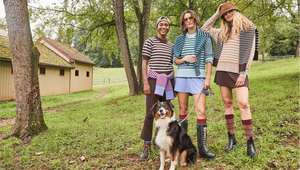 Model right is wearing the Locust Active Sweater in Chocolate/ Off White Stripe with the University Flare Pants in Chocolate. Model center is wearing the Carlyle Crewneck in Baby Blue/ Ivy Stripe and the Flounce Skort in Violet. Model right is wearing the Griffin Quarter Zip in Latte/ Off White Stripe and the Flounce Skort in Chocolate.