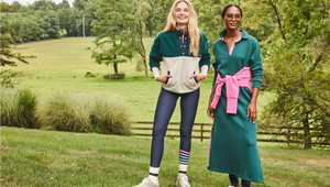 Model left  is wearing the Academy Sherpa in Ivy/ Cream over the Everyday Long Sleeve in Super White/ Peony Stripe and the Everyday Legging in Navy Peony/ Matisse Stripe. Model right is wearing the Beck Dress in Ivy with the Everyday Pullover in Peony tied around her waist.