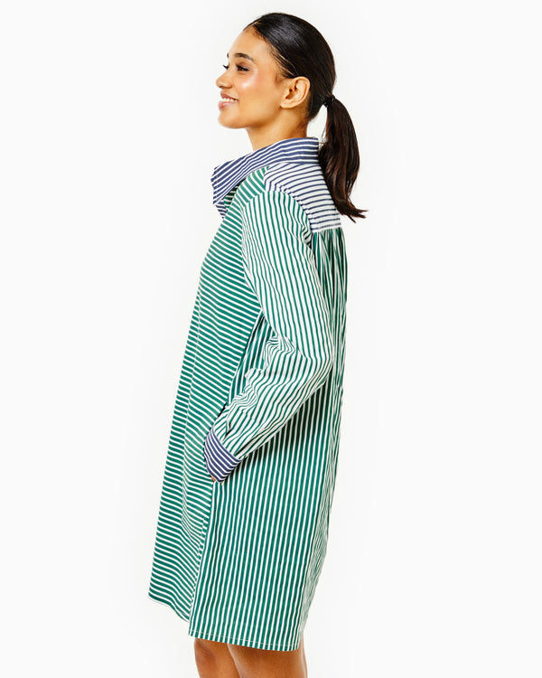 'On model product image of Cotton Poplin Bloom Shirt Dress in Olive/Navy Multi Stripe-Final Sale'