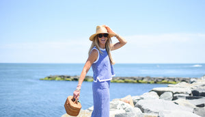 Marghi is wearing the Lennon Top in Navy Gingham with the the Lennon Pants in Navy Gingham
