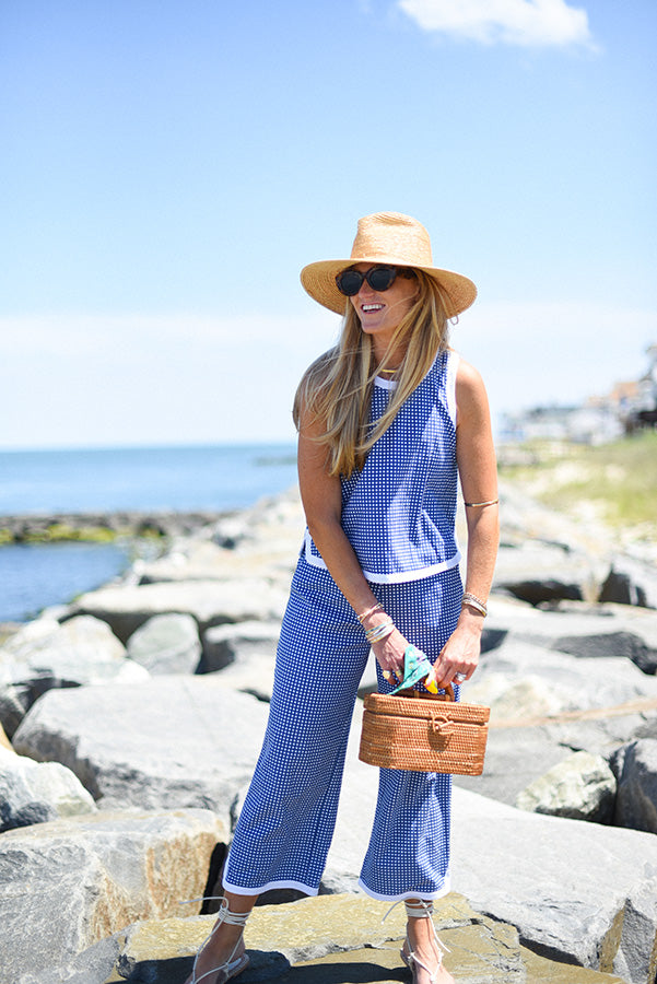 Marghi is wearing the Lennon Top in Navy Gingham with the the Lennon Pants in Navy Gingham