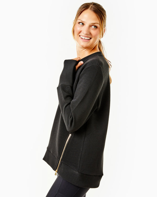 'On model product image of Active Rib Zip Everyday Crewneck Sweatshirt in Black Rib'