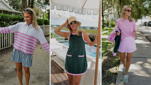 Model (left) is wearing the betty rugby in bubblegum cabana stripe paired with the flounce skort in ivy cabana stripe. Model (center) is wearing the lennon dress in ivy/bubblegum. Model (right) is wearing the walnut long sleeve in bubblegum paired with the everyday skort in bubblegum cabana stripe.