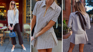 Model left is wearing the beta bow pullover in painted plaid paired with the waverly pant in chocolate. Model center is wearing the virginian polo top in painted plaid paired with the virginian pleated skort in painted plaid. Model right is wearing the beta bow pullover in painted plaid paired with the virginian pleated skort in painted plaid 