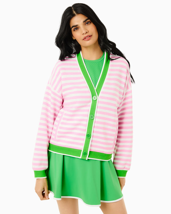 'On model product image of Soft Luxe Abbott Sweatshirt Cardigan in Bubblegum/Super White Stripe/Key Lime'