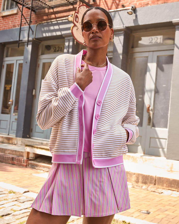 'On model product image of Soft Luxe Abbott Sweatshirt Cardigan in Latte Stripe/Cotton Candy'