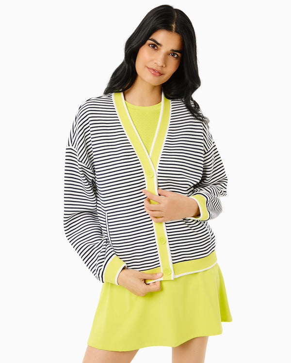 'On model product image of Soft Luxe Abbott Sweatshirt Cardigan in Super White/Navy Stripe/Chartreuse'