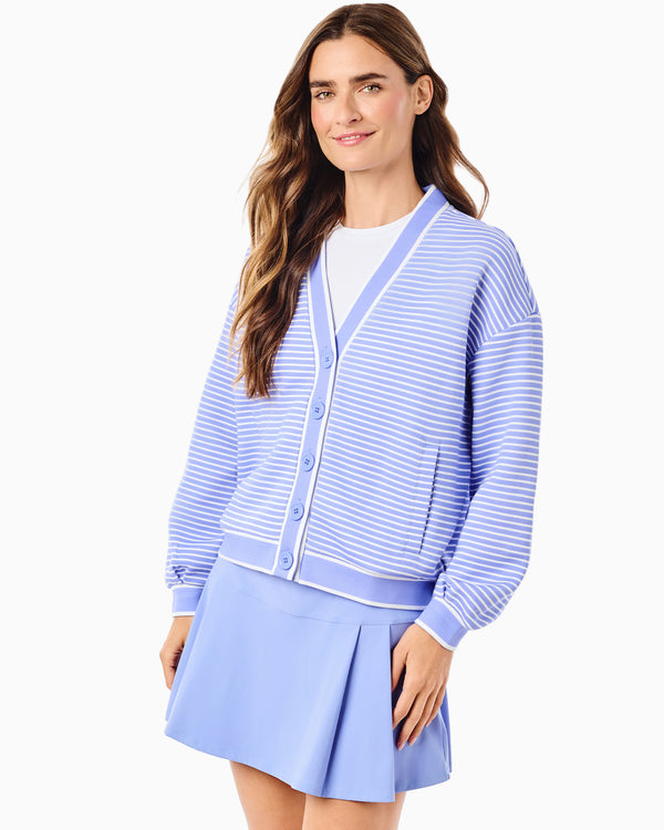 'On model product image of Soft Luxe Abbott Sweatshirt Cardigan in Violet Stripe'