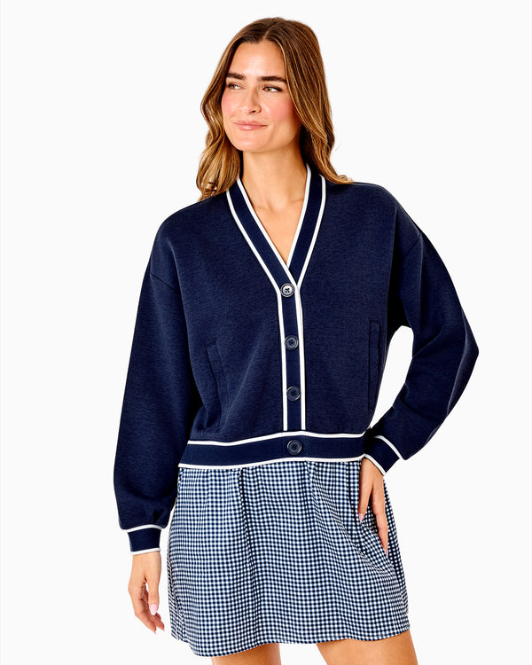 'On model product image of Soft Luxe Abbott Sweatshirt Dress in Navy/Navy Gingham'