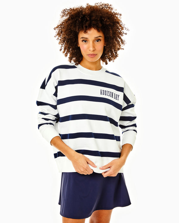 'On model product image of Everyday Terry AB Embroidered Crewneck Sweatshirt in White/Navy Stripe'