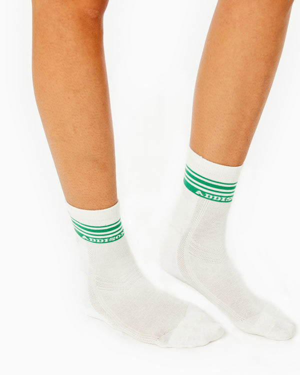 'On model product image of AB Varsity Socks in White/Palm'
