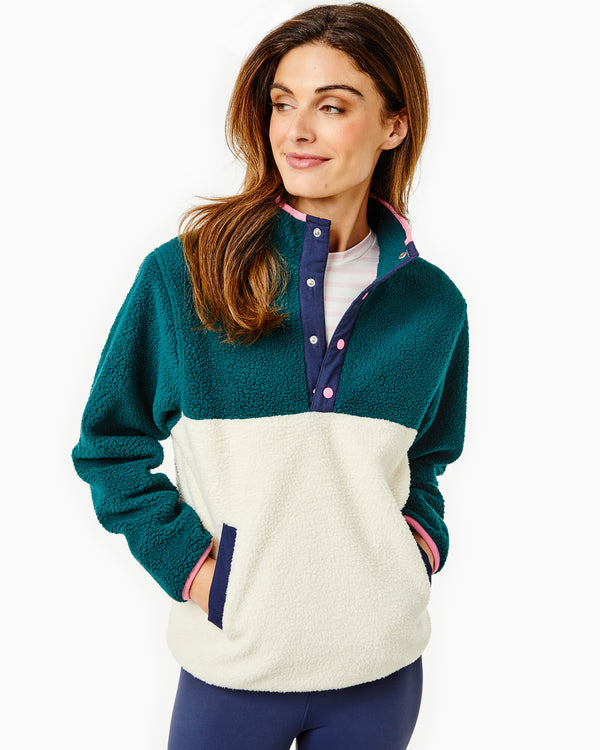 'On model product image of Fleece Academy Sherpa Outerwear in Ivy/Cream-Final Sale'