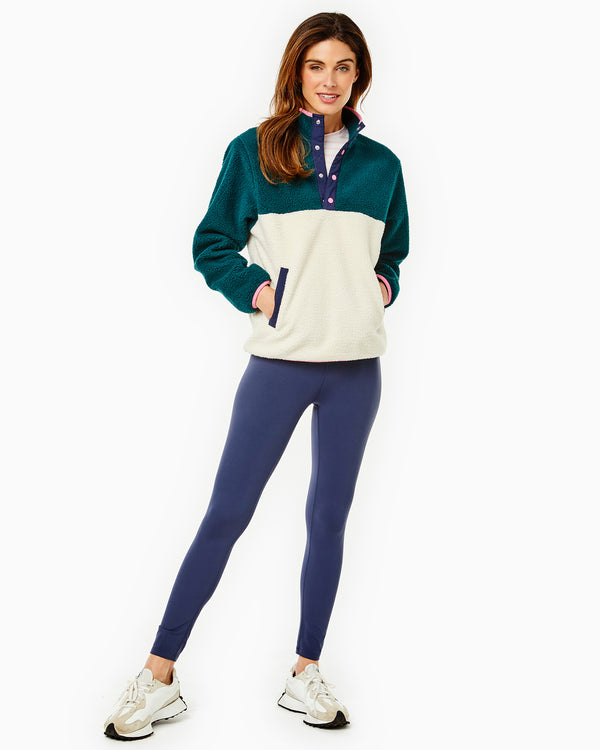 'On model product image of Fleece Academy Sherpa Outerwear in Ivy/Cream-Final Sale'