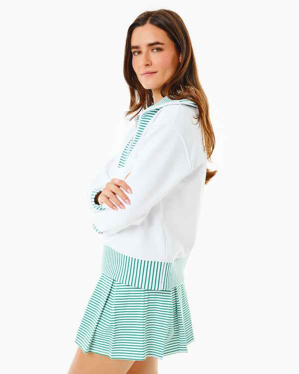 'On model product image of Polished Double Knit Alley Quarter Zip in Super White'