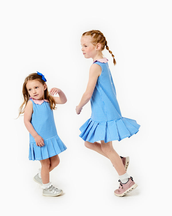 'On model product image of Annie Dress X Cecil & Lou in Cerulean Gingham'