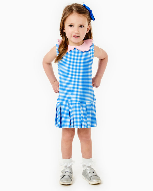'On model product image of Annie Dress X Cecil & Lou in Cerulean Gingham'