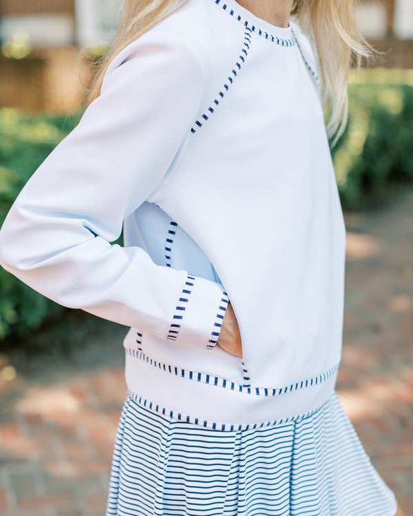 'On model product image of Scuba Light Bainbridge Crewneck in Super White'