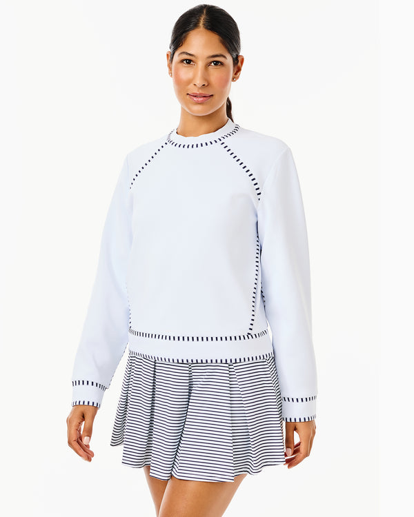 'On model product image of Scuba Light Bainbridge Crewneck in Super White'