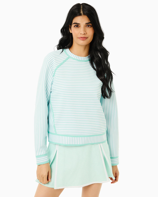 'On model product image of Scuba Light Bainbridge Crewneck in Super White/Jelly Mint Stripe'