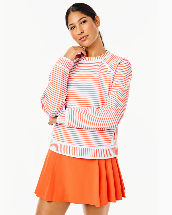 'On model product image of Scuba Light Bainbridge Crewneck in Super White/Papaya Stripe'