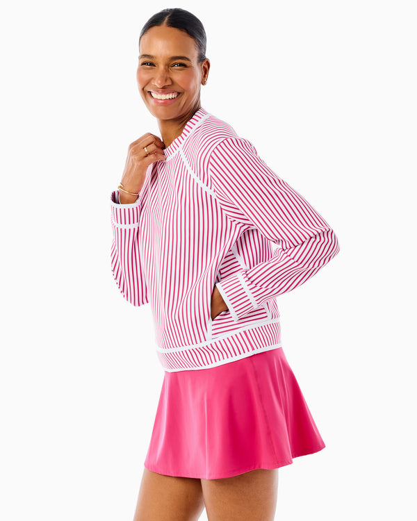 'On model product image of Scuba Light Bainbridge Crewneck in Berry Stripe'