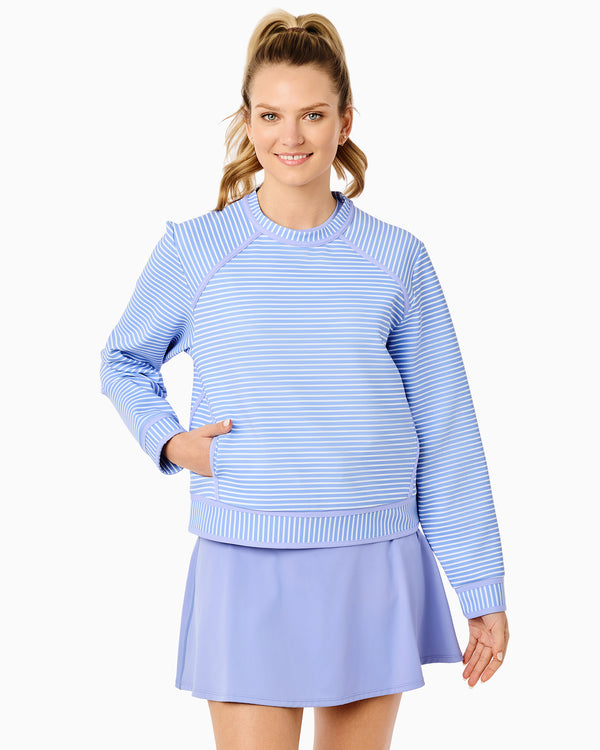 'On model product image of Scuba Light Bainbridge Crewneck in Inverse Violet Stripe'