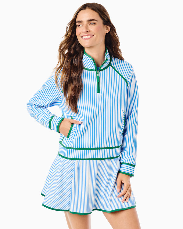 'On model product image of Scuba Light Bainbridge Quarter Zip Sweatshirt in Blue Jay Stripe/Evergreen'