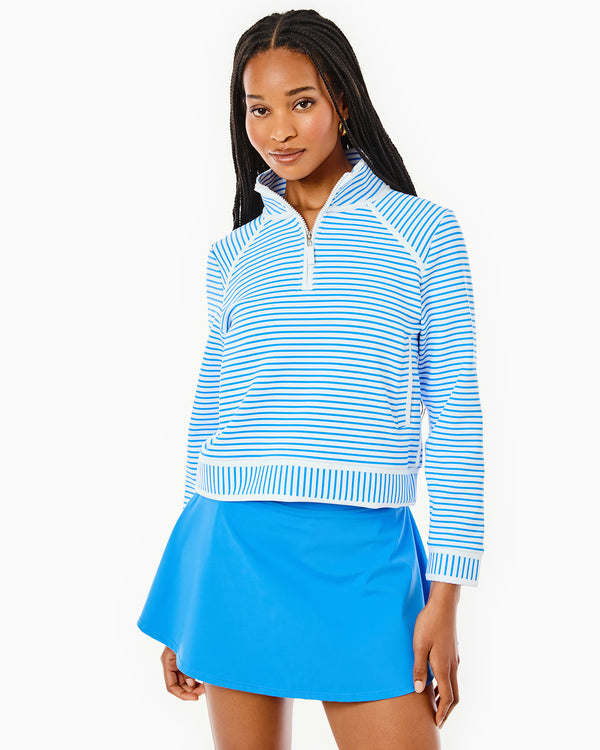 'On model product image of Scuba Light Bainbridge Quarter Zip Sweatshirt in Super White/Cerulean Stripe'