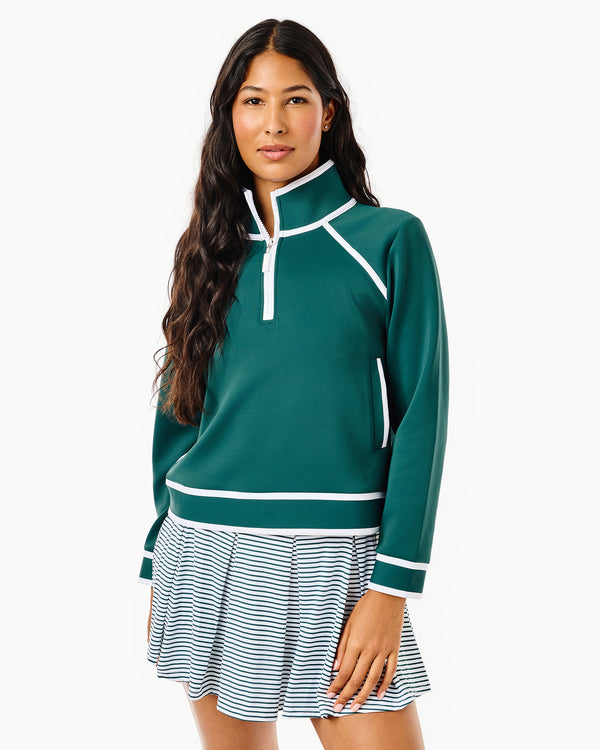 'On model product image of Scuba Light Bainbridge Quarter Zip Sweatshirt in Ivy'