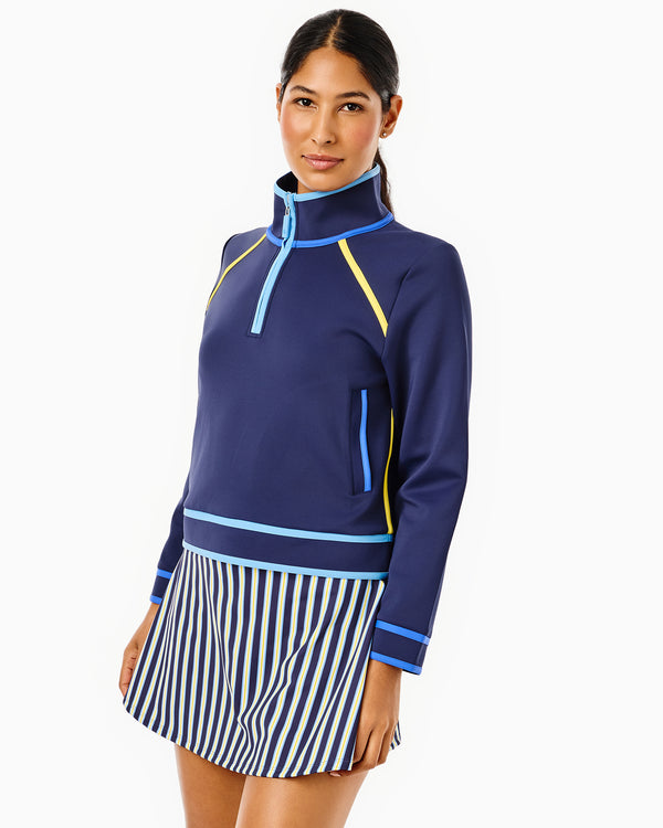 'On model product image of Scuba Light Bainbridge Quarter Zip Sweatshirt in Navy/Soul Multi'