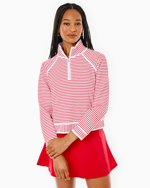 'On model product image of Scuba Light Bainbridge Quarter Zip Sweatshirt in Super White/Poppy Stripe'