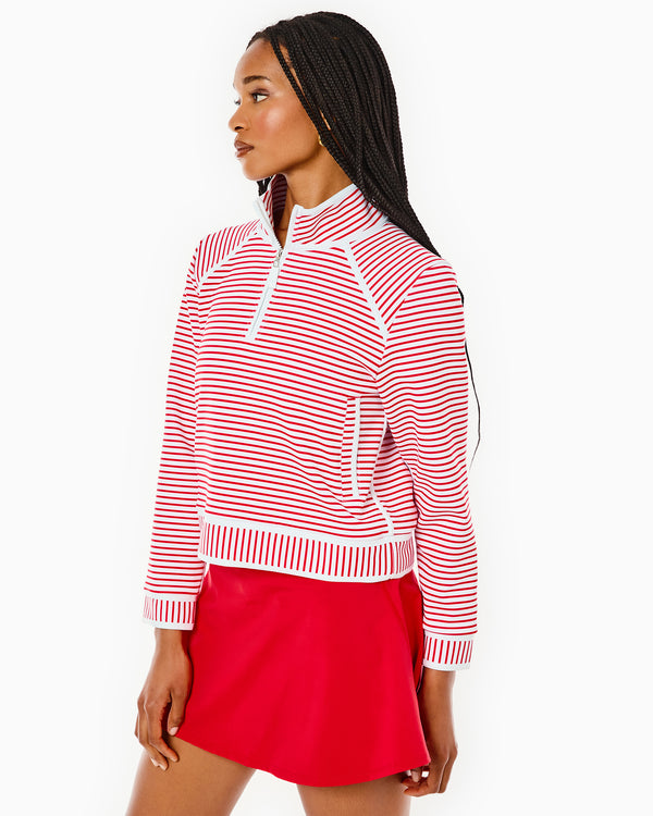 'On model product image of Scuba Light Bainbridge Quarter Zip Sweatshirt in Super White/Poppy Stripe'