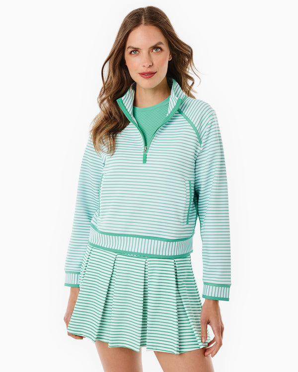 'On model product image of Scuba Light Bainbridge Quarter Zip Sweatshirt in Sage/Super White Stripe'