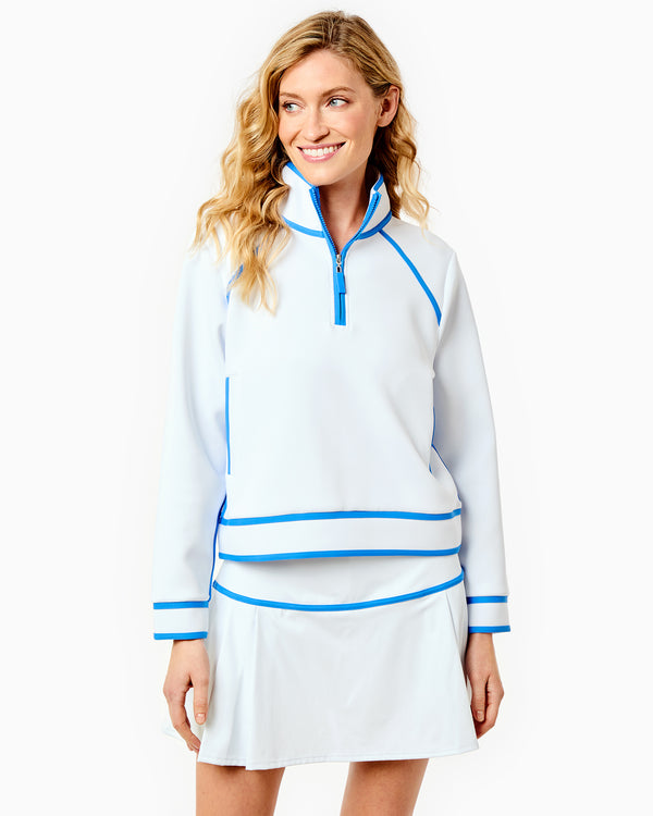 'On model product image of Scuba Light Bainbridge Quarter Zip Sweatshirt in Super White/Cerulean'