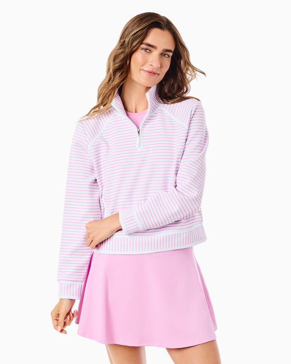 'On model product image of Scuba Light Bainbridge Quarter Zip Sweatshirt in Super White/Cotton Candy Stripe'