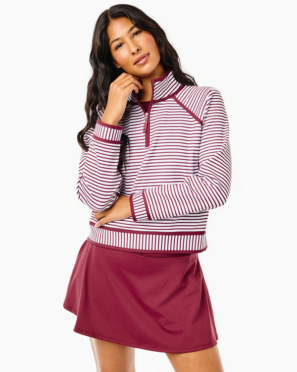 'On model product image of Scuba Light Bainbridge Quarter Zip Sweatshirt in Super White/Lacquer Stripe'