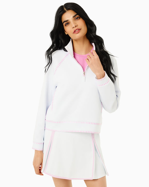 'On model product image of Scuba Light Bainbridge Quarter Zip Sweatshirt in Super White/Orchid Stripe'