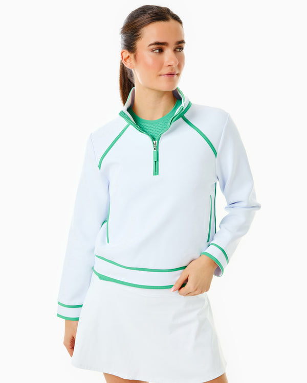 'On model product image of Scuba Light Bainbridge Quarter Zip Sweatshirt in Super White/Palm'