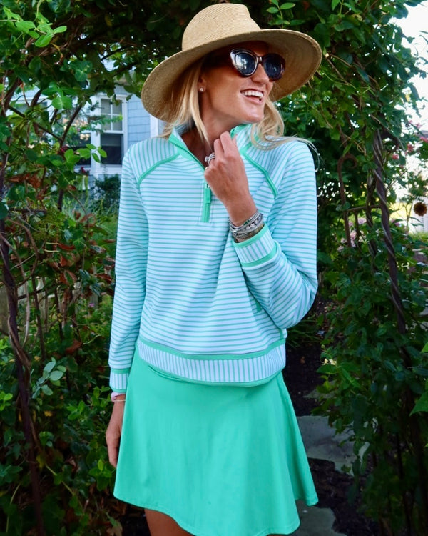 'On model product image of Scuba Light Bainbridge Quarter Zip Sweatshirt in Super White/Sage Stripe'