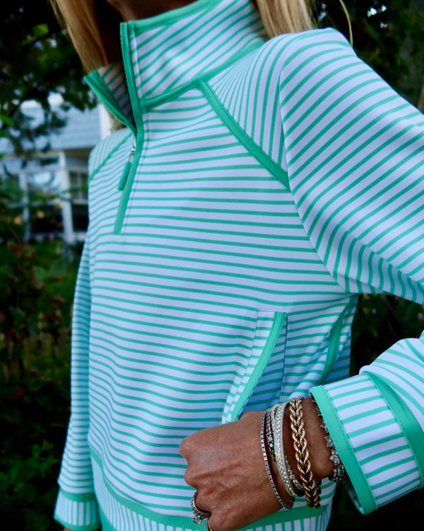 'On model product image of Scuba Light Bainbridge Quarter Zip Sweatshirt in Super White/Sage Stripe'