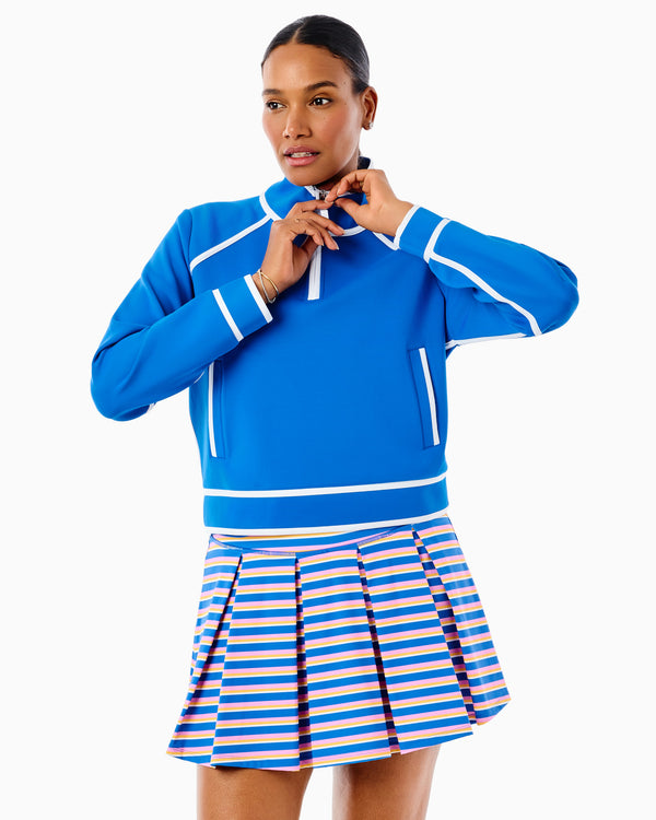 'On model product image of Scuba Light Bainbridge Quarter Zip Sweatshirt in Harbor Blue'