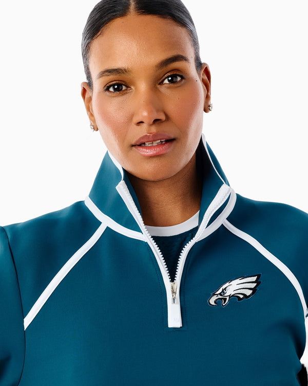'On model product image of Scuba Light Bainbridge Quarter Zip Sweatshirt in Midnight Green'